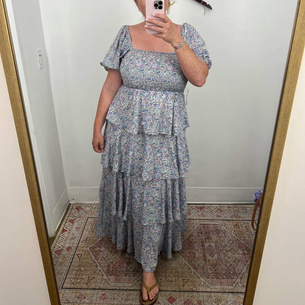 Tiered floral dress with elastic top and puff sleeve